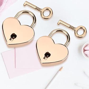 Imagem de 2 conjuntos de cadeado de coração com chave de esqueleto, cadeado de metal para diário, caixa de joias, bagagem, ouro rosa, colecionável