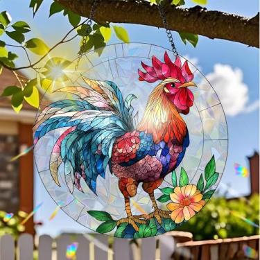 Imagem de Acrílico colorido Suncatcher, decoração de galinha com design de estilo vitral impresso, arte de parede Rainbow Maker, janela refratora de luz do sol, decoração interna e externa para casa com
