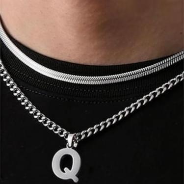 Imagem de Coleção de 26 colares com pingente de alfabeto em camadas, design de corrente dupla (cobra e elos cubanos), joias urbanas hip hop para uso diário e casual, One Size, Aço inoxidável, Sem Pedra Preciosa
