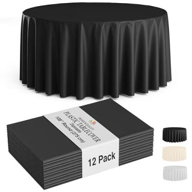 Imagem de Party Solids Pacote com 12 toalhas de mesa de plástico redondas pretas descartáveis – Tamanho: 272 cm – Toalhas de mesa redondas de plástico para festas, piqueniques e eventos formais