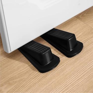 Imagem de Conjunto de batente de porta 2 peças de cunhas de borracha resistente, design empilhável para parte inferior de porta, azulejo de madeira, carpete para casa, escritório, preto