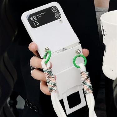 Imagem de Capa de telefone dobrável fosca de cor pura para Samsung Galaxy Z Flip 5 4 3 Suporte para cordão crossbody capa traseira rígida para PC, XK branco, para Samsung Z Flip 4