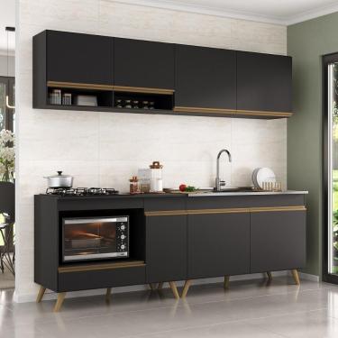 Imagem de Armário De Cozinha Modulada Compacta 4 Peças Com Balcão Para Cooktop Veneza Multimóveis Mp2264 Preto Dourado