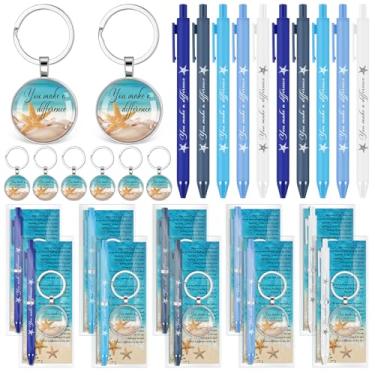 Imagem de Sayglossy 20 conjuntos de chaveiros de estrela-do-mar, estrela-do-mar, você faz a diferença, canetas esferográficas com cartão motivacional para professores, colegas de trabalho, voluntário