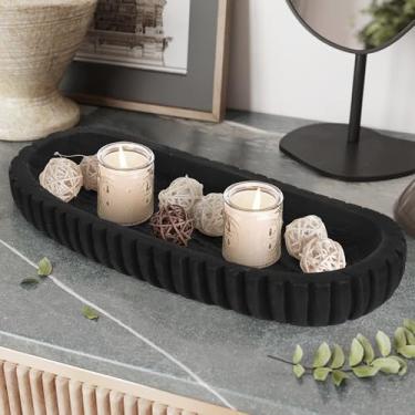 Imagem de Oakrain Tigela decorativa de madeira para decoração de casa, tigela de massa rústica de 40 cm com listras verticais esculpidas à mão, bandeja de madeira longa para centros de mesa, preto fosco