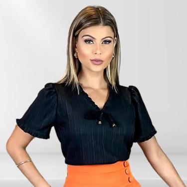 Imagem de Blusa Feminina Social Com Decote V Manga Curta - Katyani Modas, Preto,