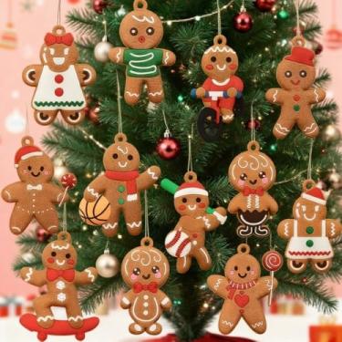 Imagem de 12 peças de enfeites de Natal para pendurar pão de gengibre, boneco de neve fofo e estatuetas de Papai Noel com casa de biscoito de açúcar, decoração festiva para pendurar na árvore de Natal para