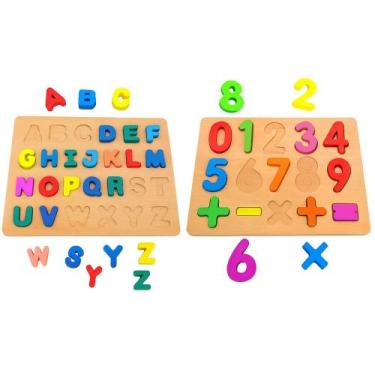 Imagem de Brinquedo Educativo de Encaixar Peças Letras e Números em Madeira - DM