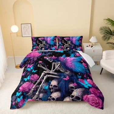 Imagem de QOOMO Jogo de cama solteiro com estampa de caveira de desenho animado, borboleta azul, para decoração de quarto de meninos e meninas, microfibra preta, leve, 1 edredom e 2 fronhas