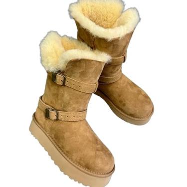 Imagem de Archicolor Moda feminina vintage sapatos nórdicos minimalistas botas de neve pele de carneiro botas de cano curto sapatos quentes de lã australiana, Marrom, 38