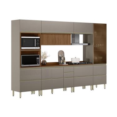 Imagem de Armário de Cozinha Compacta com Vidro Reflecta Proença Ripado 8 Portas 8 Gavetas Nude e Nogueira