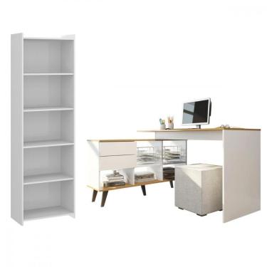Imagem de Conjunto Escritório 2 Peças Mesa L C/ Estante Retrô Branco Branco