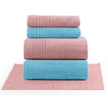 Imagem de Jogo De Banho Lummi Toalhas Macias 100% Algodão Fio Penteado 5 Peças Rosa E Azul