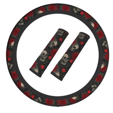 Imagem de Capa de volante de caveira de Halloween elástica antiderrapante com cinto de segurança almofada de ombro para mulheres e homens