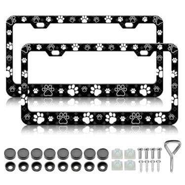Imagem de Molduras de placa de licença com estampa de pata de cachorro - Pacote com 2 capas de suporte para placas de carro fofas dianteiras e traseiras, moldura de etiqueta de carro à prova d'água de metal de
