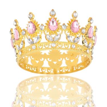 Imagem de YARIEW Pequenos buquês de flores de coroa dourada com strass rosa acessórios de cabelo para mulheres, decorações de bolo de aniversário, fantasia de noiva, acessórios de cabelo, presentes