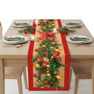 Imagem de Caminho de mesa vermelho com estampa de laço, decoração de mesa de jantar de 33 x 182 cm para encontros sazonais