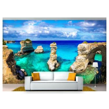 Imagem de Papel De Parede Praia Mar Azul Costa Rocha 3D Npr234 - Você Decora