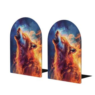 Imagem de Lobo animal galáxia psicodélica grande suporte de livros de madeira decorativo antiderrapante resistente terminais de livro para mesa de escritório em casa biblioteca de estudo escolar divisórias de