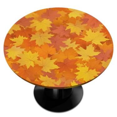 Imagem de hongjinglin Toalha de mesa redonda com bordas elásticas, folhas douradas, toalha de mesa redonda para decoração de cozinha de 114 a 127 cm