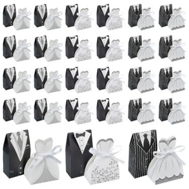 Imagem de WADORN 120 peças, 6 estilos de caixas de lembrancinhas de festa de casamento, caixa de doces com tema de noivo com fita, vestido romântico e smoking, caixa de presente para decoração de casamento