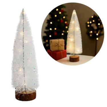 Imagem de Mini Pinheiro de Mesa Iluminado 30cm Branco Nevado LED Sequencial e Base Tronco Natural