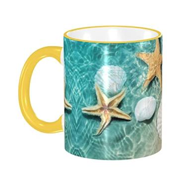 Imagem de Ourdovi Caneca de café expresso de cerâmica com padrão estrela do mar e conchas, caneca de cerâmica revestida DIY, para café, sopa, chá, leite, latte, cacau quente, colorido divertido 340 g.