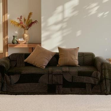 Imagem de ComiComi Capa de sofá para sofá marrom, lavável, capa de sofá para 2 almofadas, linha geométrica, macia, em formato de L, capa de sofá para animais de estimação, antiarranhões com borlas, 180 cm x 259