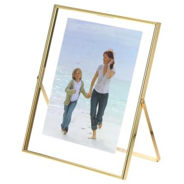 Imagem de QWORK Moldura flutuante dourada de 20,3 x 25,4 cm (tela vertical), serve para fotos de 19 x 20 cm, 15 x 17 cm – Moldura de metal de vidro duplo para mesa ou prateleira