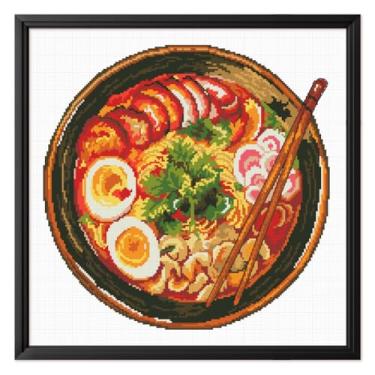Imagem de FREEBLOSS Kit de ponto cruz estampado de 11 CT para adultos iniciantes com instruções Ramen Delights Pattern Kit de pendurar na parede bordado decoração de parede sem moldura 45,7 x 45,7 cm