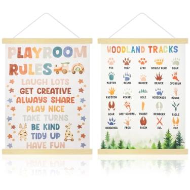 Imagem de Fyrolumin 2 peças de decoração de parede de sala de jogos infantil - arte de parede de sala de jogos em tela de 30,5 x 40,6 cm com moldura de madeira maciça, pronto para pendurar, decoração de quarto