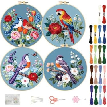 Imagem de FREEBLOSS 4 conjuntos de kit de bordado para iniciantes, pássaros e grinaldas, kit para iniciantes com instruções, agulhas, fios, 2 argolas de 29,5 cm
