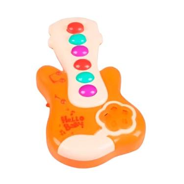 Imagem de Mini Guitarra Musical Infantil, Laranja, 18x10x3.5cm, 6 Botões com Notas Musicais e Músicas, Alimentação 2 Pilhas AA, para Crianças +8 Meses
