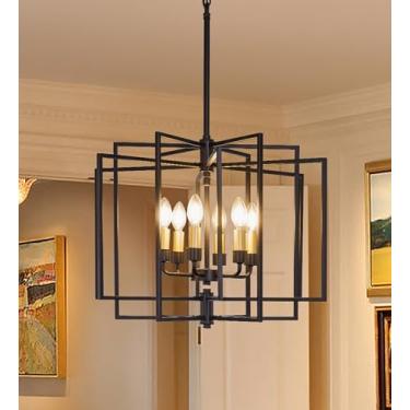 Imagem de Wellmet Luminária pendente moderna preta, lustre de ouro preto moderno rústico, lustre de ouro preto geométrico de 6 luzes, para sala de estar, quarto, sala de jantar, entrada, cozinha