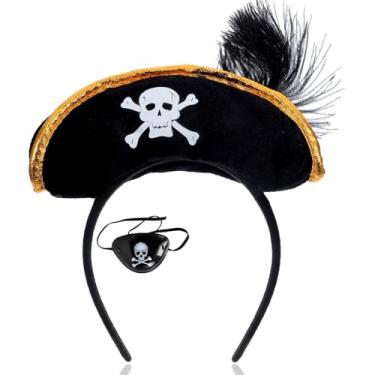Imagem de Chapéu de pirata preto para mulheres e meninas – estampa de caveira e ossos cruzados, boné de capitão e tapa-olhos, fantasia de Halloween, cosplay, acessórios de faixa de cabelo - vestido extravagante