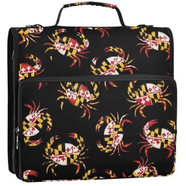 Imagem de Organizador de fichário com zíper, caranguejos, preto, 3 anéis, 3 anéis, bolsa para documentos escolares com alça de ombro, estojo de armazenamento com alça, 34,5 x 31,5 x 9 cm