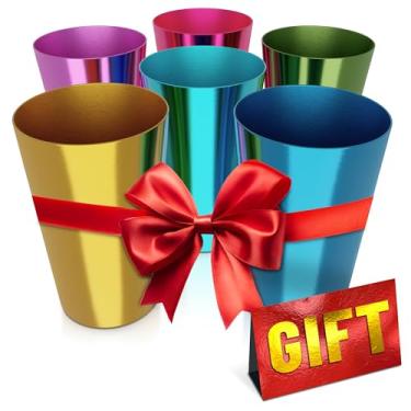 Imagem de Conjunto de 6 copos de alumínio retrô de 425 g - Copos de metal natalinos para bebidas frias, copos de metal com acabamento colorido festivo para beber, empilháveis e seguros para lava-louças, para