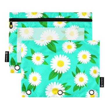 Imagem de Bolsa de lápis para estudantes com 3 anéis, fichário com zíper, sacos de armazenamento, fichários escolares, bolsos transparentes, azul-petróleo floral, margaridas brancas, verde, 25 x 18 cm, 2
