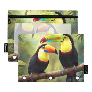 Imagem de GAIGEO Bolsa para lápis, fichário com 3 argolas, pássaro, tucano, exuberante, selva exuberante, bolsa de lápis, caneta, arte divertida, pastas transparentes, estojo para canetas, armazenamento escolar