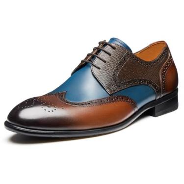 Imagem de Jepsengord Sapato social masculino Wingtip couro bovino genuíno Oxfords com Brogue Formal Business Wedding Derby Shoes, Marrom e azul, 46