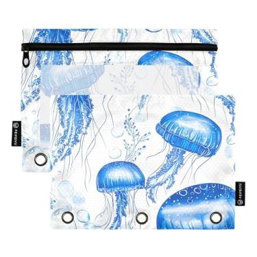 Imagem de GAIGEO Linda bolsa de lápis de água-viva azul para fichário de 3 anéis, fichário com zíper, sacos de lápis de tecido, fichários transparentes, estojo para canetas, crianças escolares, 25 x 18 cm, 2