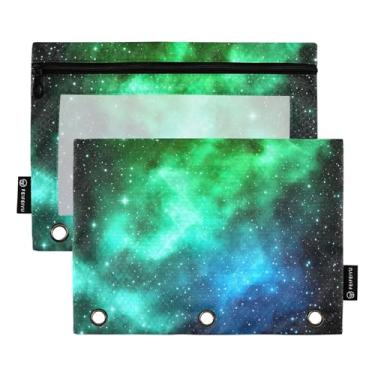 Imagem de GAIGEO Nebulosa Verde Azul Cores Espaço 3 Anéis Bolsa Lápis Caneta Lápis Bolsa Zíper Fichário Escolar Bolsos Transparentes Crianças 25 cm x 18 cm, 2 Pacotes