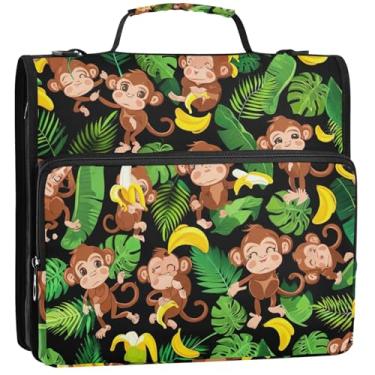 Imagem de Fichário fofo de macaco tropical com 3 anéis de 3 anéis de 3,8 cm com zíper e alça para escola, pasta de armazenamento fofo com alça 34,5 x 31,5 x 9 cm