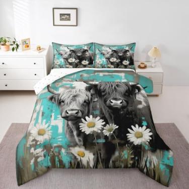 Imagem de jejeloiu Conjunto de cama de vaca Highland macio, para meninos e meninas, gado das terras altas, tamanho solteiro, margarida, edredom de microfibra, ocidental, decoração de quarto, 2 peças com 1