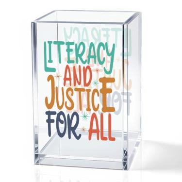 Imagem de QYUVK Alfabetização e justiça para todos os pincéis de maquiagem de acrílico, suporte para lápis, presentes de justiça social para mulheres, irmã amiga, colega de trabalho, Stop Book Banning Protect