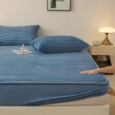 Imagem de Lençol com elástico extra profundo, lençóis, capa protetora antiderrapante, tiras elásticas no canto, macio, sem rugas, para outono e inverno - azul ||2 x 2,2 m + fronha * 2