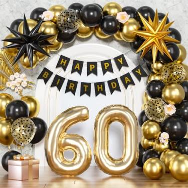 Imagem de 54 peças de decorações de aniversário de 60 anos para homens e mulheres, balão preto e dourado, grande número 60 fabuloso, decorações de festa com balões de estrela com faixa de feliz aniversário de