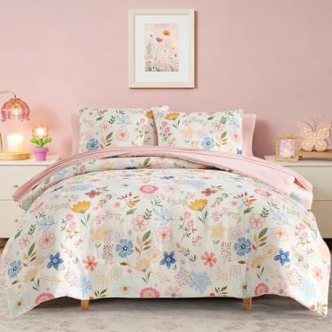 Imagem de Kaleido Space Conjunto de edredom solteiro para meninas e crianças, 5 peças, estampa de jardim pastel, para meninas e adolescentes, cama macia e aconchegante em uma bolsa com lençol