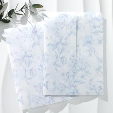 Imagem de UNIQOOO Pacote com 50 jaquetas de velino pré-dobradas Dusty Blue Grace Bloom para convites de 13 x 18 cm, jaqueta de veludo transparente 115 GSM para casamentos e eventos temáticos vintage
