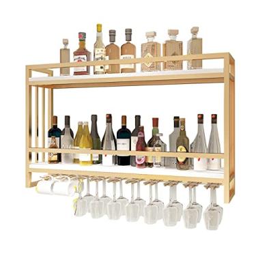 Imagem de Prateleiras flutuantes montadas na parede, prateleira de exibição de armazenamento de vinho, prateleira de garrafa de vinho de metal e madeira com suporte de vidro rack multifuncional (cor: ouro